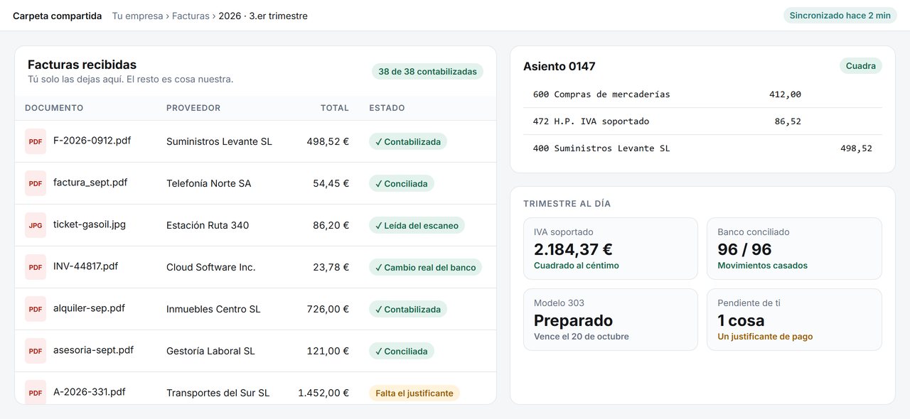 Carpeta compartida con las facturas del trimestre contabilizadas y conciliadas con el banco
