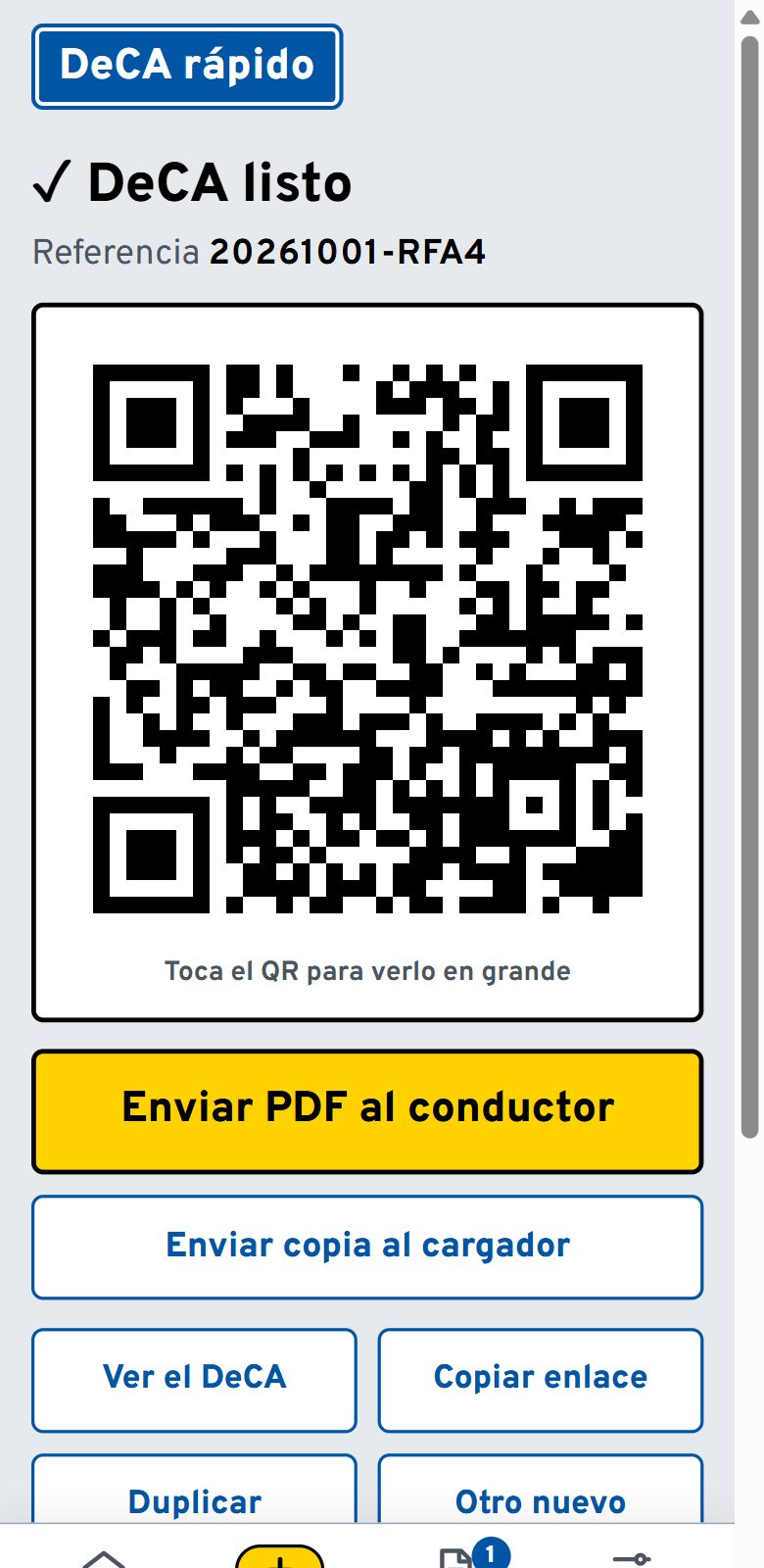 DeCA rápido en el móvil: el DeCA listo con su código QR y los botones para enviarlo al conductor y a la otra empresa