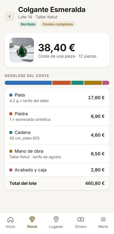 Desglose del coste de un lote de fabricación en la app de la joyería